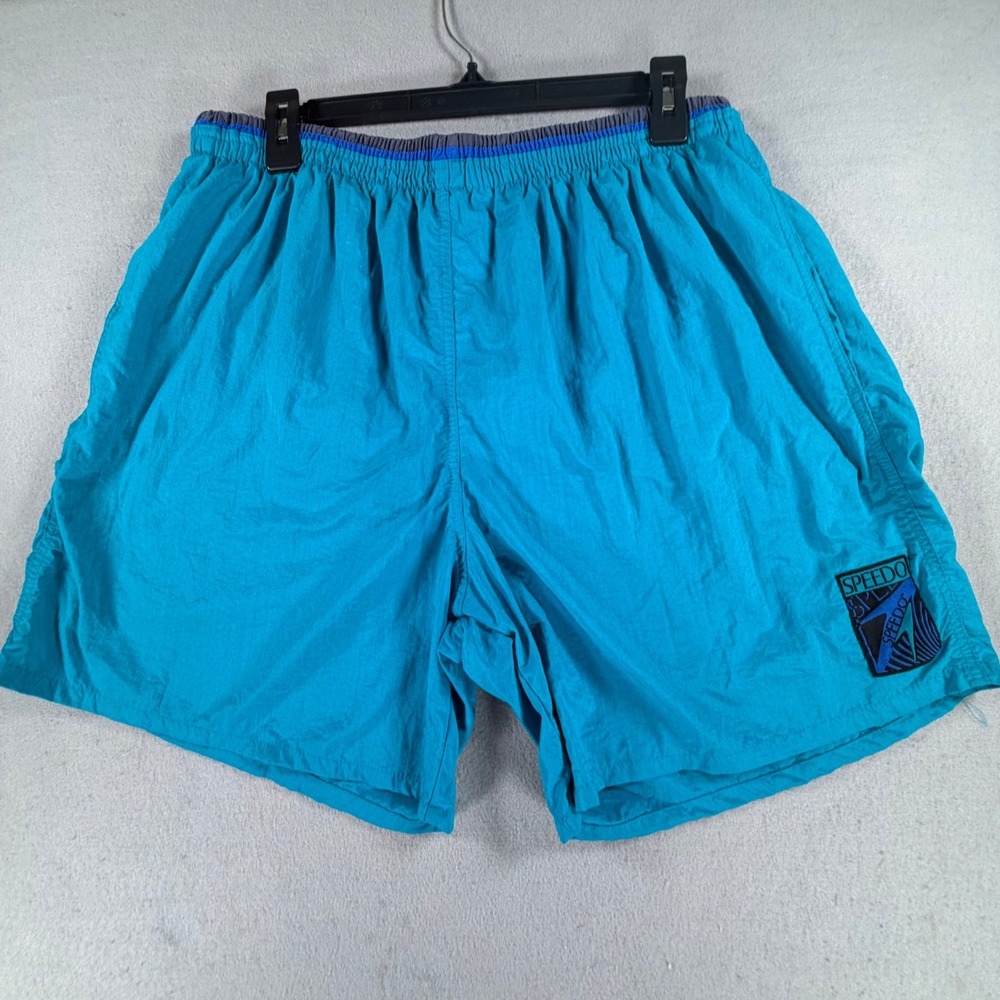 Speedo Men's XL Teal Blue Swim Trunks Mesh Lined Nylon Shorts Retro Colorblock